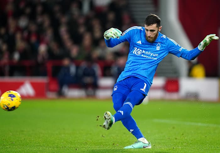 Nottingham Forest goalkeeper Matt Turner pictured during a Premier League game against Tottenham Hotspur in December 2023